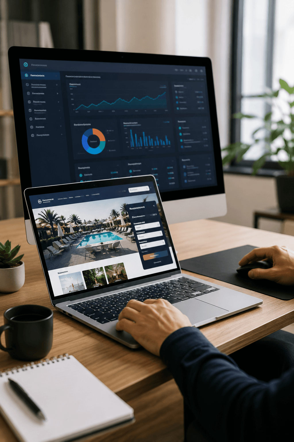Site et outil métier affichés sur un laptop et un écran